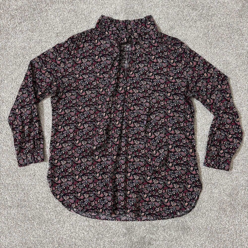 LOFT Blouse Womens XL Black Multicolor Floral Ruffle V Neck Long Sleeve Top